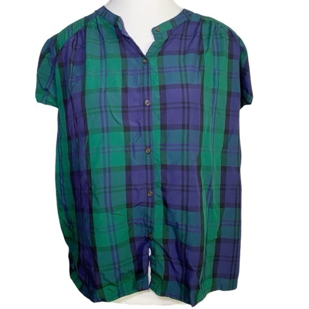 Old Navy Green and Blue Plaid Button-Up Blouse